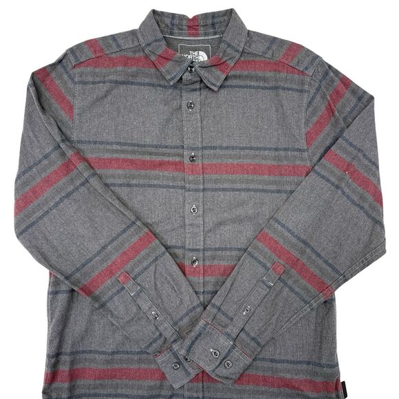 The North Face Shirt Mens Size Medium Button Up Gray Red Striped Hiking Camping - Picture 1 of 10